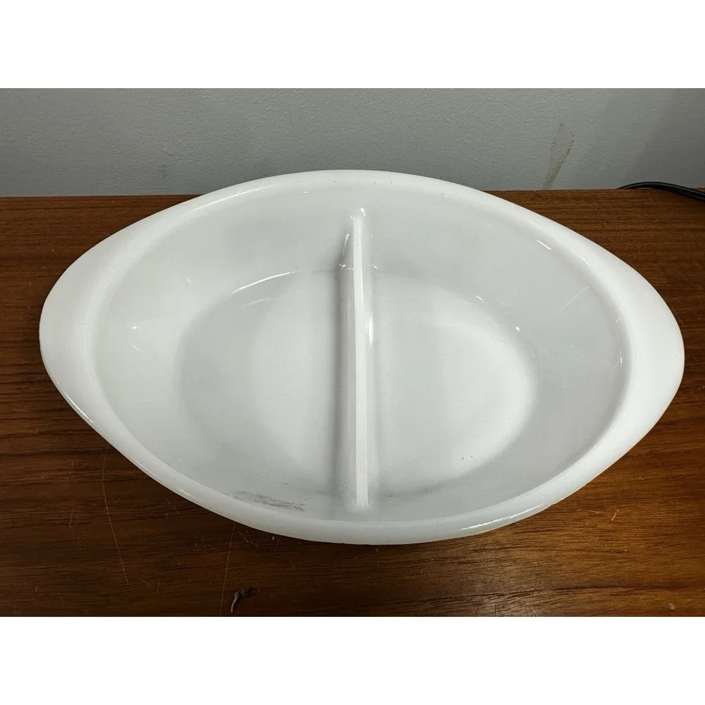 Vintage Glasbake Milk Glass Currier & Ives Divided Casserole Dish